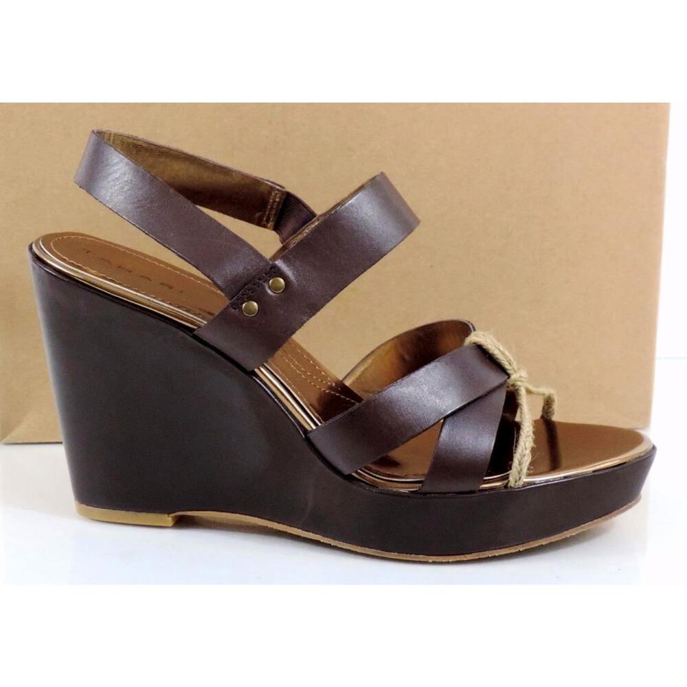 Tahari India Strappy Platform Wedge Sandal Heels Leather Dark Brown